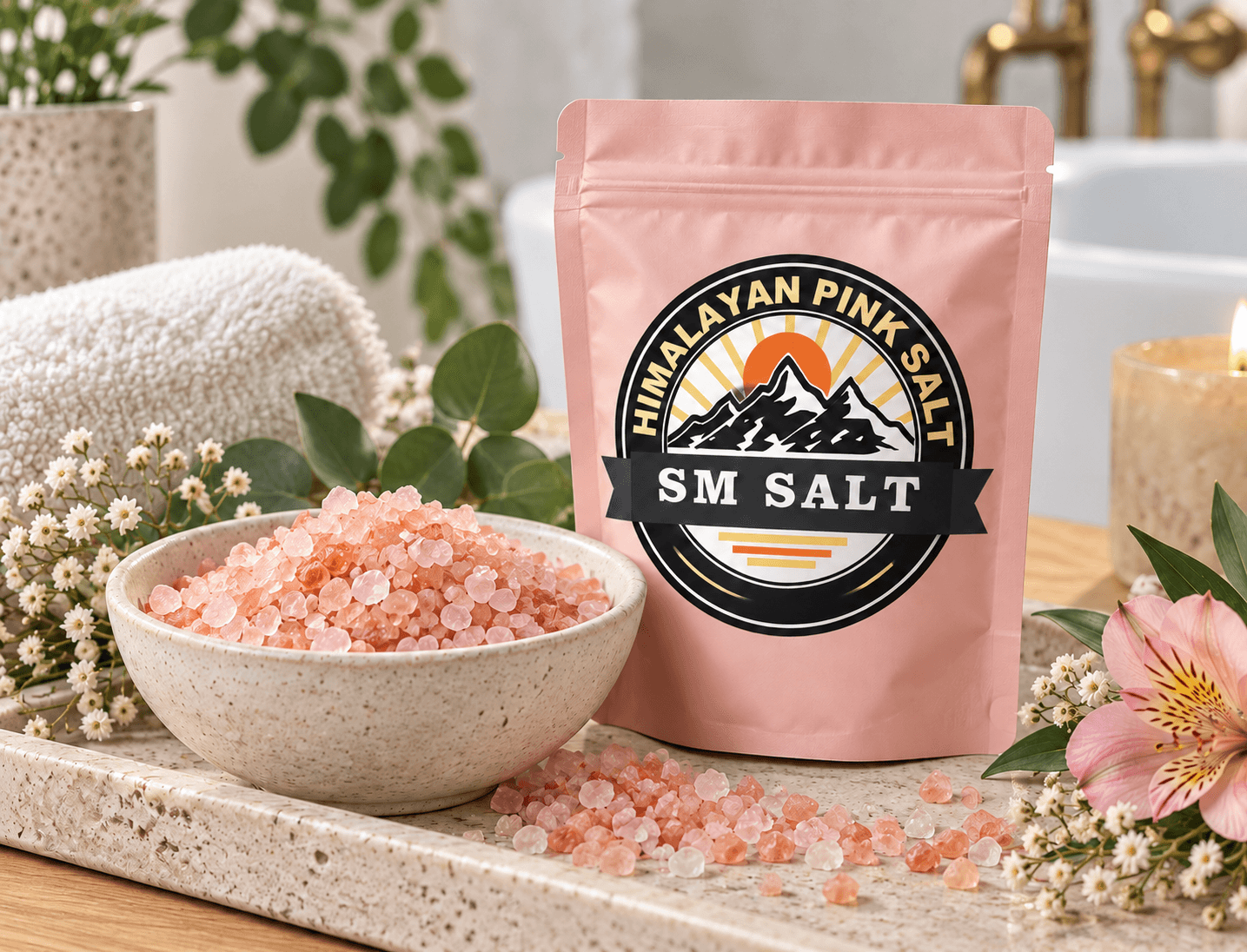 SM Salt branded Himalayan bath salt concept in a premium spa setting.