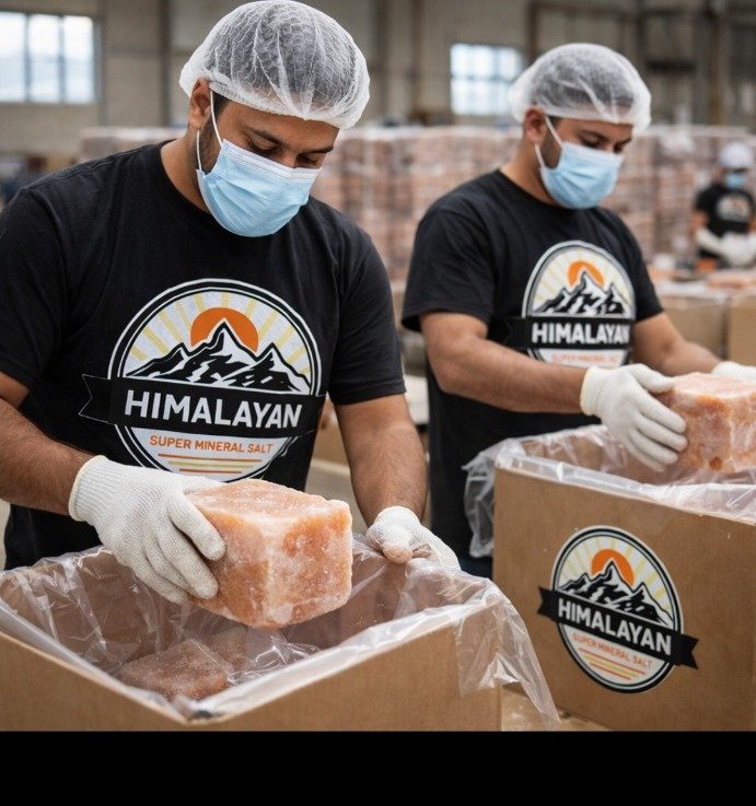 Workers packing salt blocks