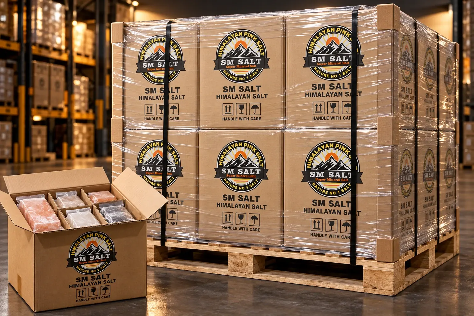 SM SALT sealed master cartons protected on a wooden export pallet