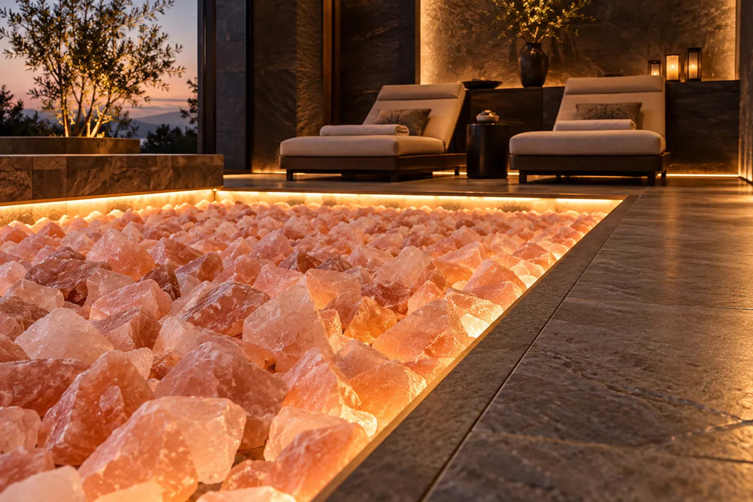 Light pink coarse salt crystal floor bed with perimeter lighting