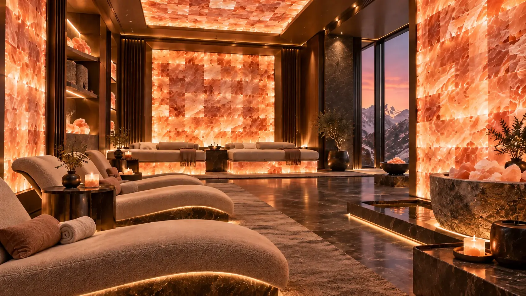 Warm illuminated Himalayan salt walls in a luxury lounge