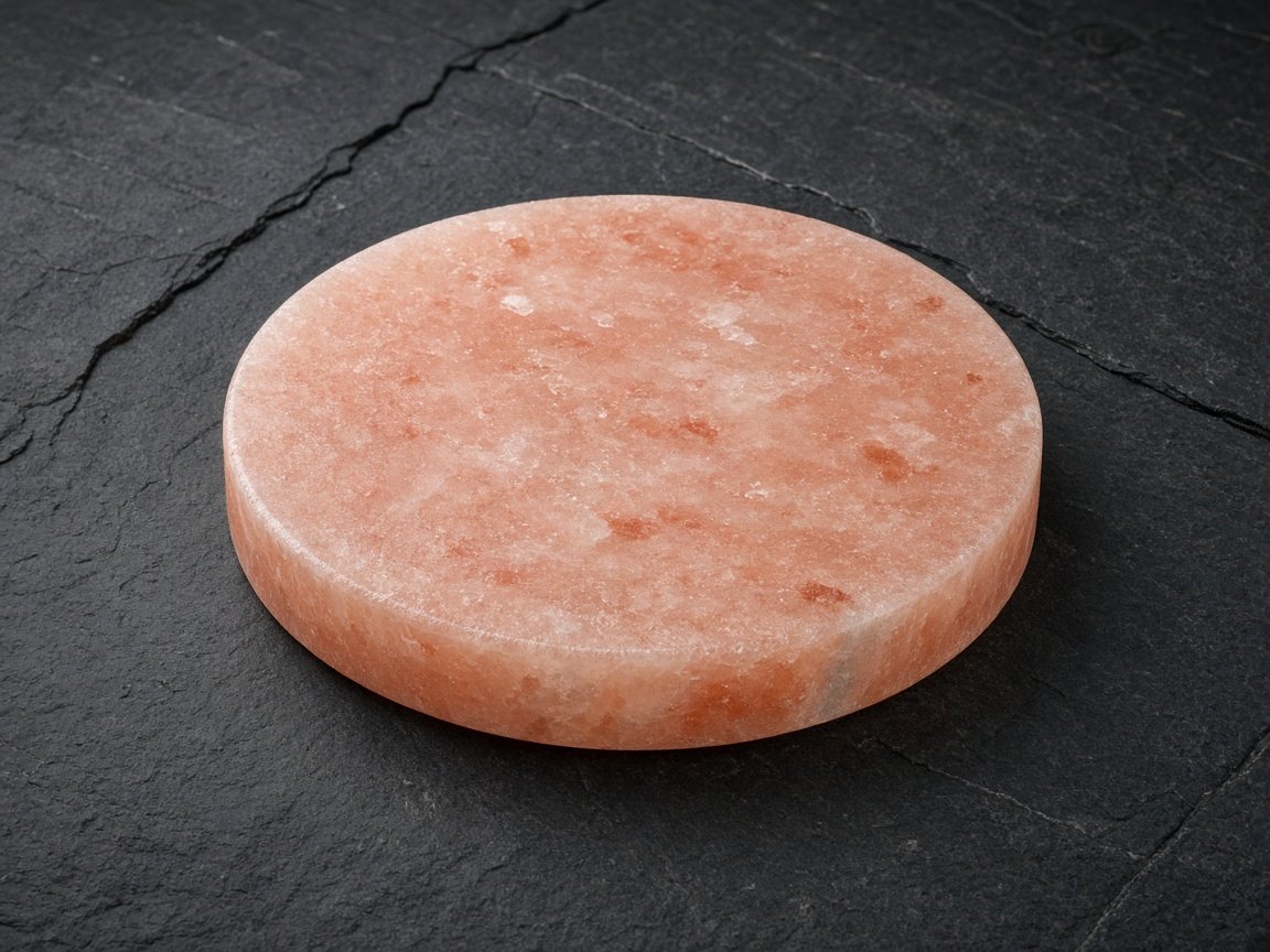 Round Himalayan pink salt cooking plate, studio photograph.