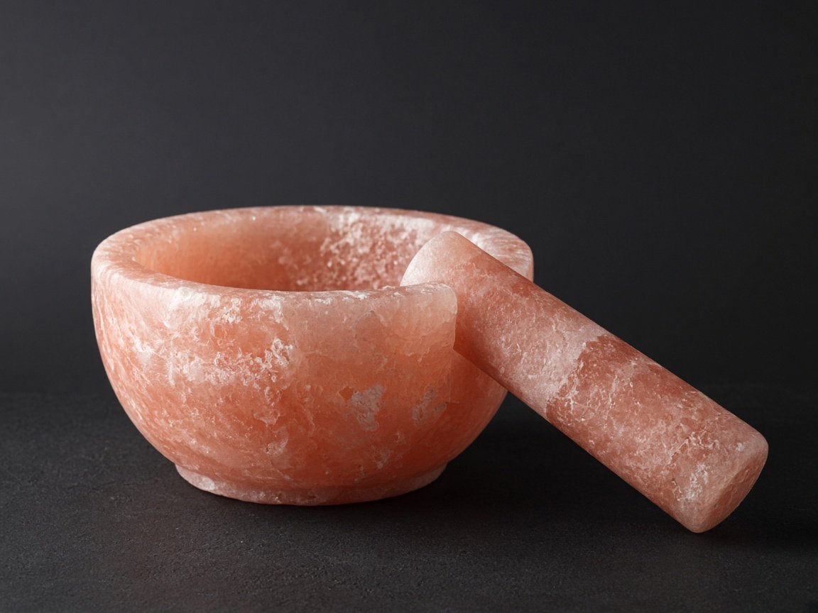 Second Himalayan pink salt mortar and pestle format, studio photograph.