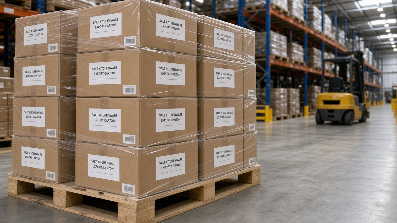Export cartons of salt kitchenware stacked on a warehouse pallet.