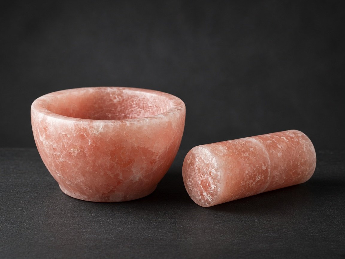 Himalayan pink salt mortar and pestle, studio photograph.