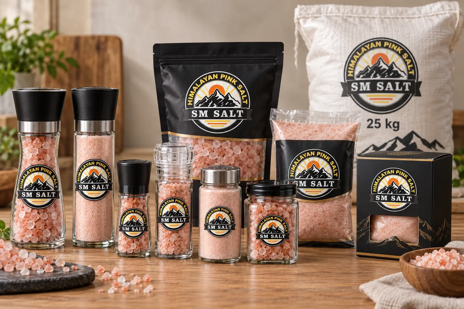 SM Salt branded edible Himalayan salt grinders, jars, pouches, shakers, and bulk packaging.