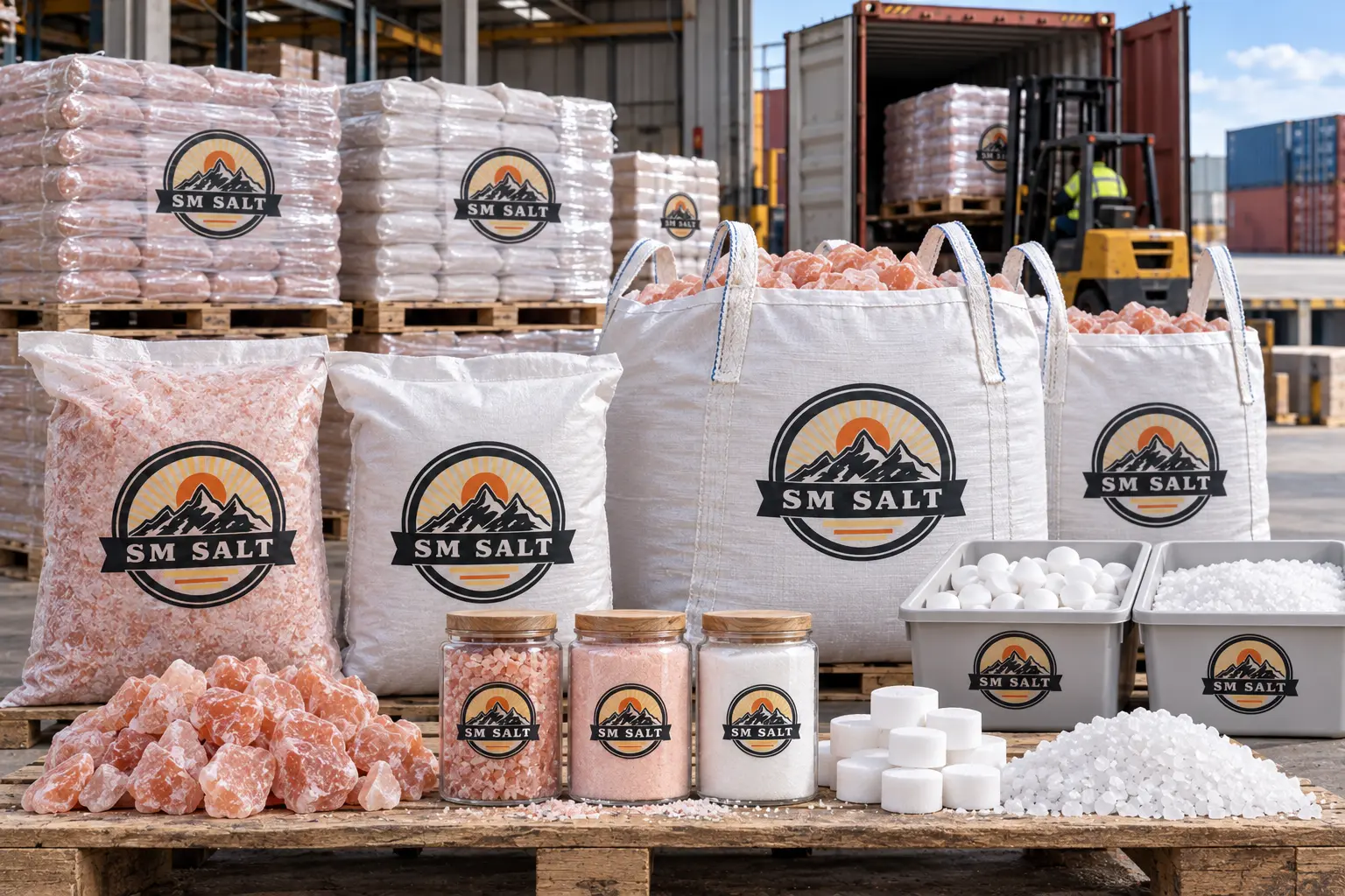 SM Salt bulk Himalayan and industrial salt bags, jumbo sacks, pallets, and export loading.