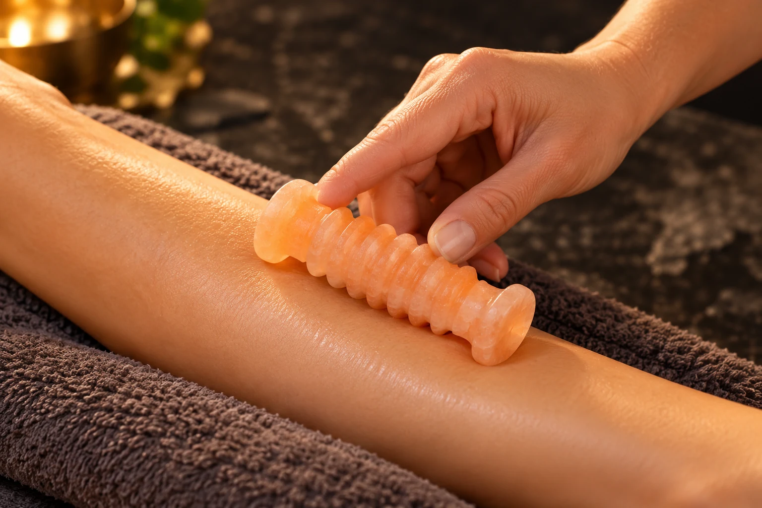 Illustrative spa scene showing the grooved Himalayan salt roller on a forearm